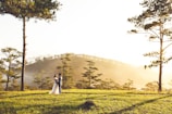 A happy couple exploring a lush green hill station on their honeymoon.