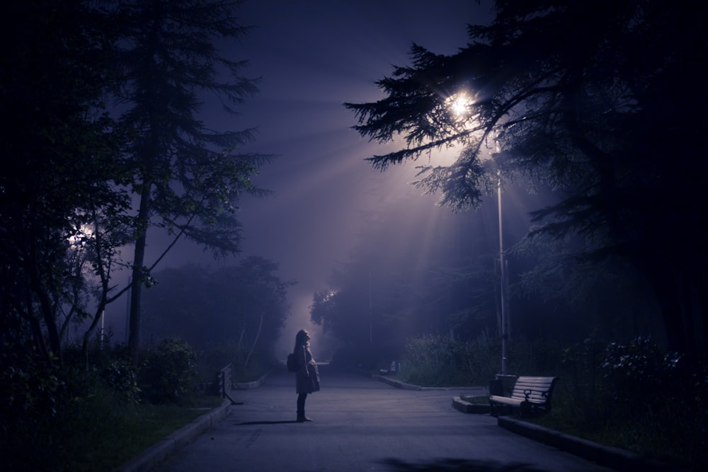 person looking at street lamp