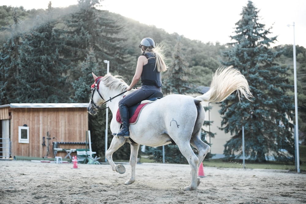 woman horseback riding beside trees and mountain in distance