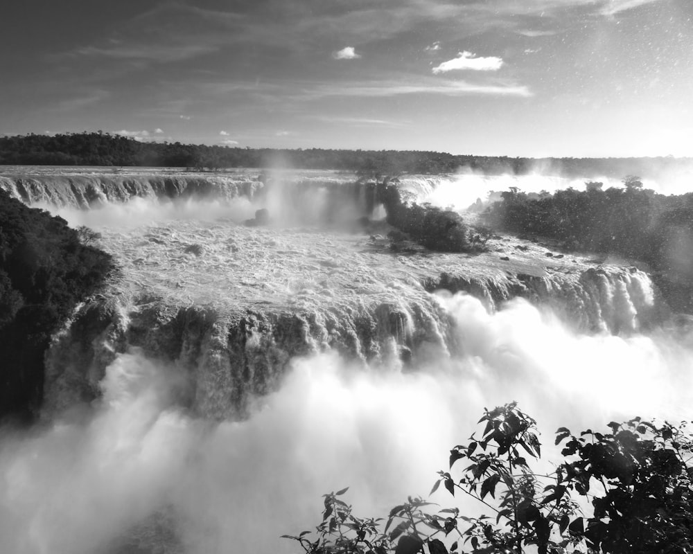 waterfalls grayscale photo