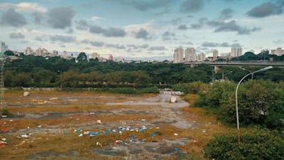 An urban scene featuring an undeveloped or abandoned lot with patches of grass and scattered debris. A dense line of trees separates this lot from a distant skyline of high-rise buildings. The sky is partly cloudy with a combination of light and dark clouds.