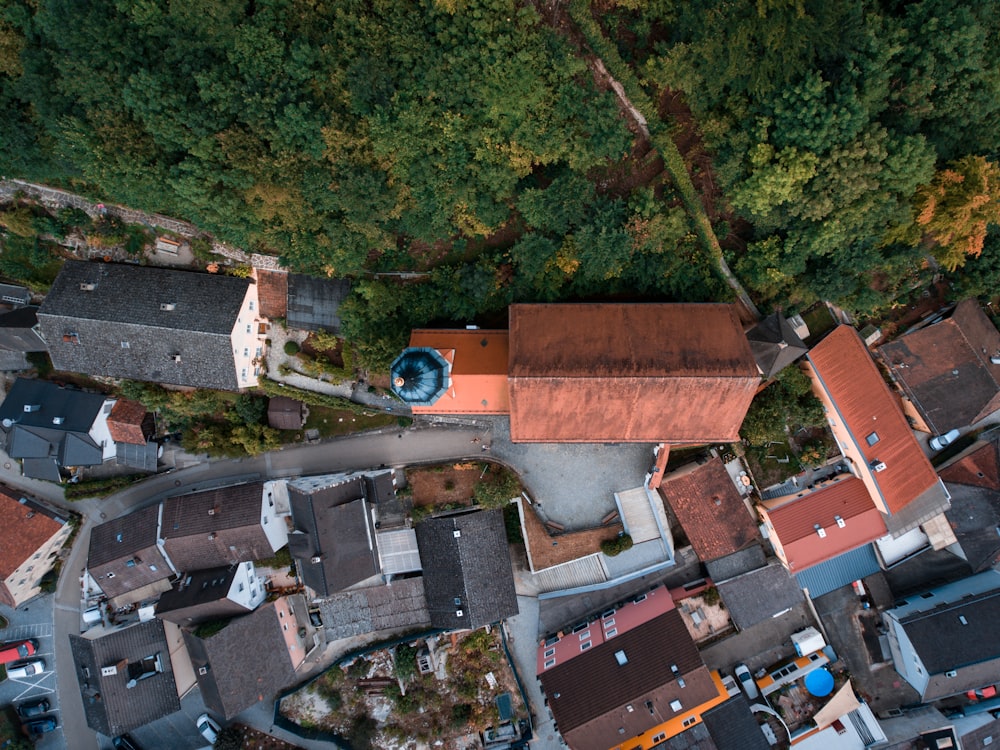 aerial view of village near forest at daytime