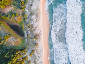 Aerial view of beautiful beachfront plots in Rio das Ostras, Brazil, showcasing lush greenery and ocean.