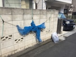 A gray concrete wall with a blue net draped over it, held in place by green and black ropes. Below the net, a white plastic bag is placed on the ground. A dark-colored car is parked on the right side, next to a driveway and a house.