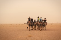 A group of people riding camels across a vast, arid desert landscape with a hazy sky. The travelers are wearing backpacks and casual clothing, indicating a journey or adventure. The ground is sandy with sparse vegetation.