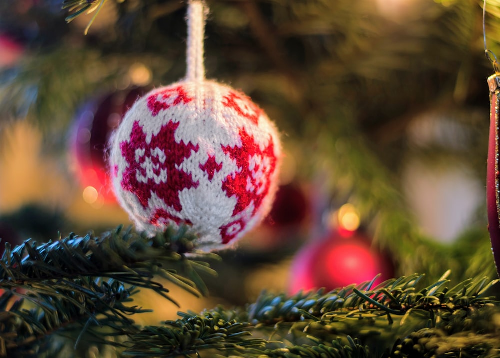 bauble de malha branca e vermelha na árvore de Natal verde