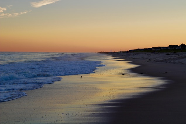 A softly curved shoreline at dawn with gentle waves lapping against salt-sand beaches under a golden light.