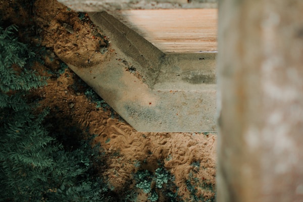 A concrete structure appears to be viewed from above, situated against a backdrop of earthy ground with green foliage. The image captures the contrast between the man-made and natural elements, with shadows adding depth.