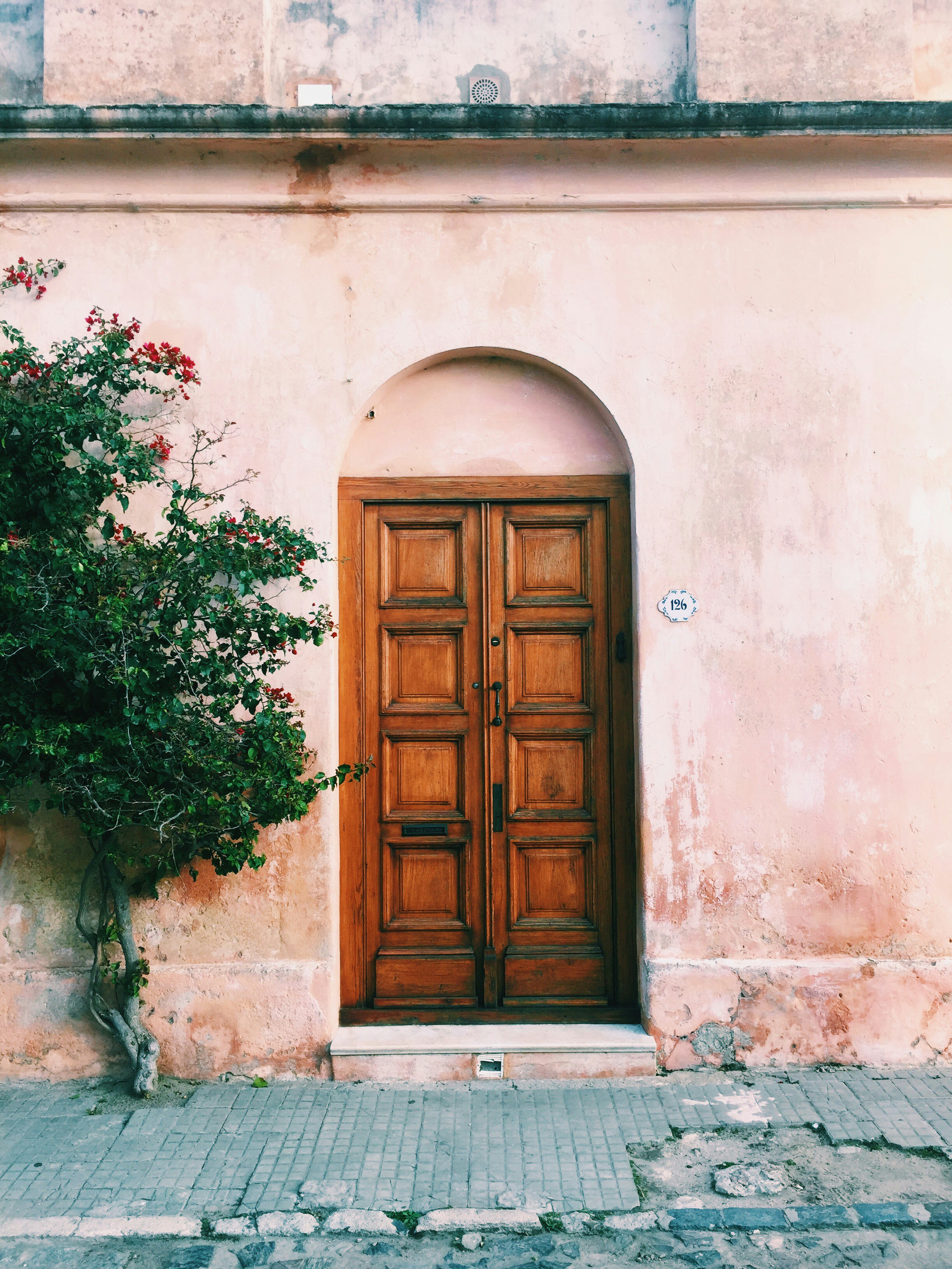 Brown door pink wall