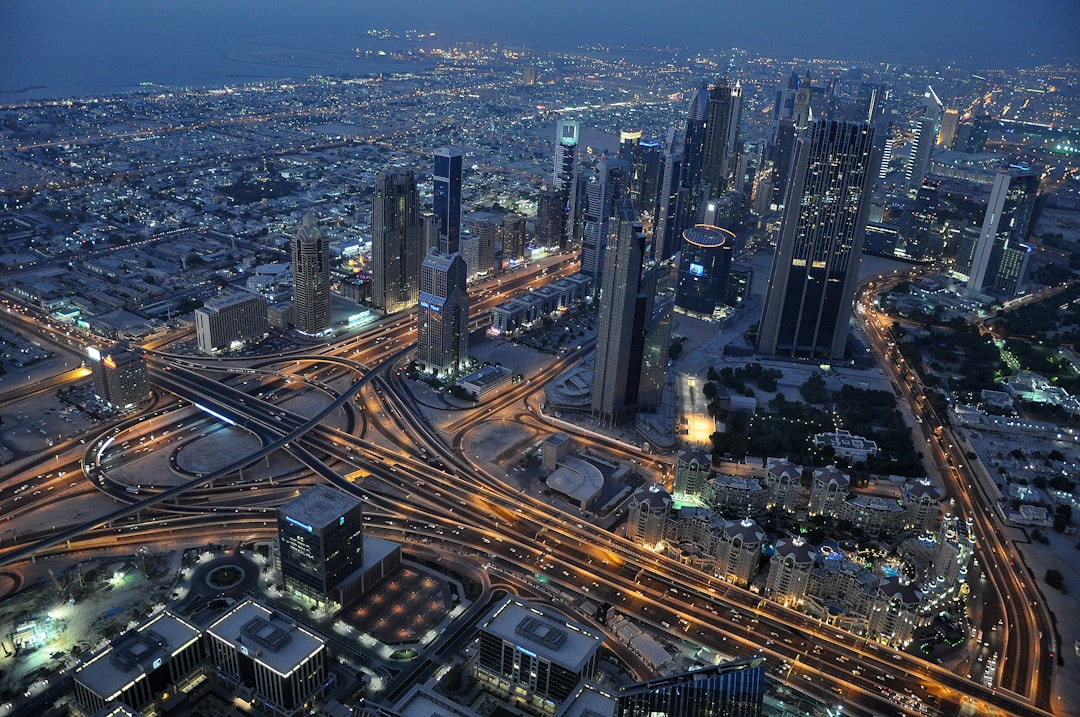 high angle photo of high-rise buildings, Night view from Burj Khalifa skyscraper in Dubai