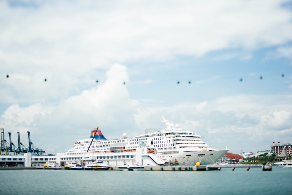 white cruise ship docking on blue bod of water under blue sky