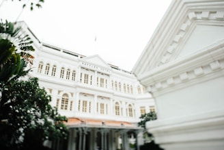 A grand colonial-style hotel with an ornate facade and arched windows is surrounded by lush greenery. The architecture features intricate details and a classic design, giving it an elegant appearance.