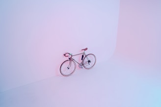 Finished bicycle leaning against a white wall, showcasing minimalist design.