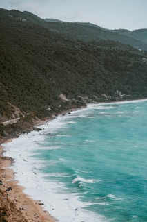 A serene coastal landscape featuring a long, curving beach with golden sand and gentle waves lapping at the shore. The ocean has a rich turquoise hue, and the coastline is bordered by lush, forested hills. Tiny figures of people can be seen along the beach, enjoying the natural beauty.