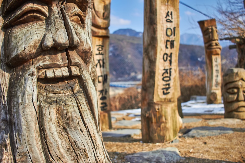 wooden post sculpture face at daytime