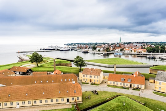 aerial view of houses surrounded green trees field under white cloudy sky in Kronborg Denmark