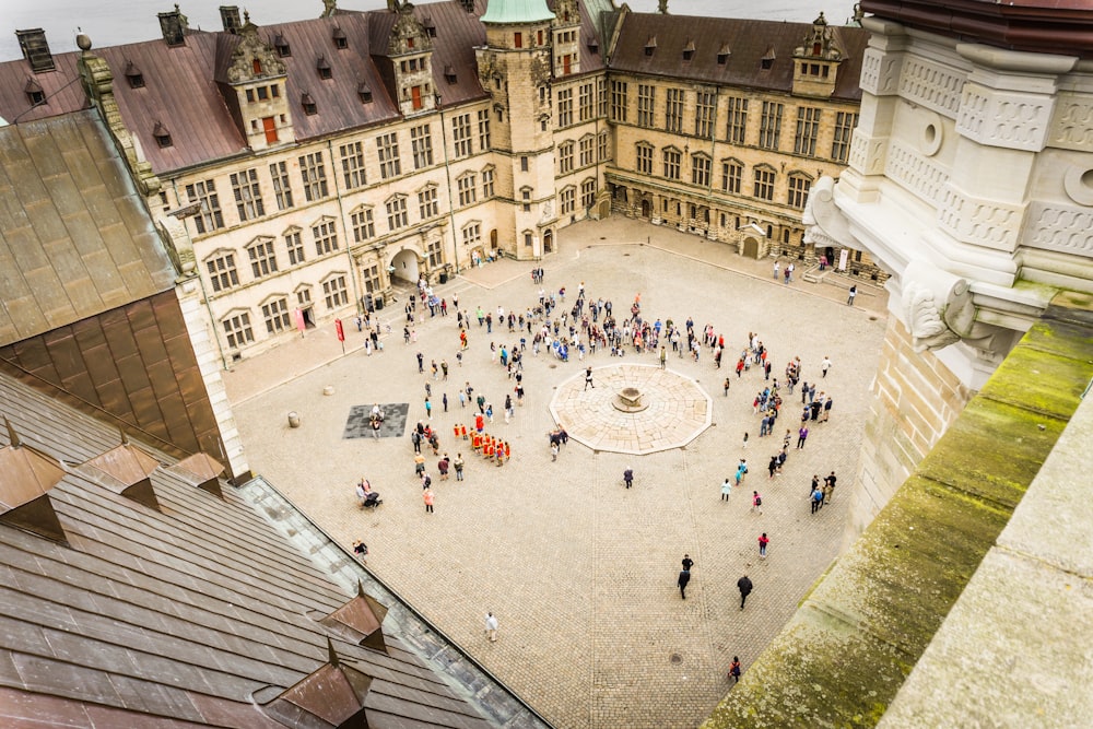 bird's eye view of groupe of people outside the mansion