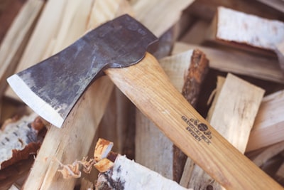 closeup photo of brown hatchet firewood google meet background
