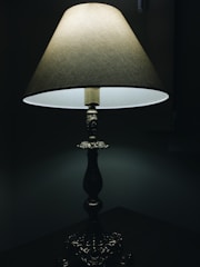A single ornamental table lamp with a detailed metallic base and a fabric shade. The lamp is illuminated, casting a soft, warm glow in an otherwise dark environment, emphasizing the texture of the fabric shade and the intricate patterns on the base.