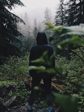 man standing behind green plant