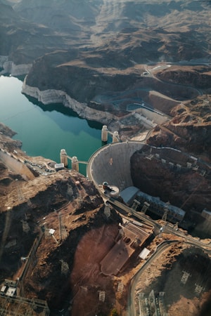 Aerial view of Hoover Dam and the Colorado River near Las Vegas, showing the infrastructure that manages Nevada water