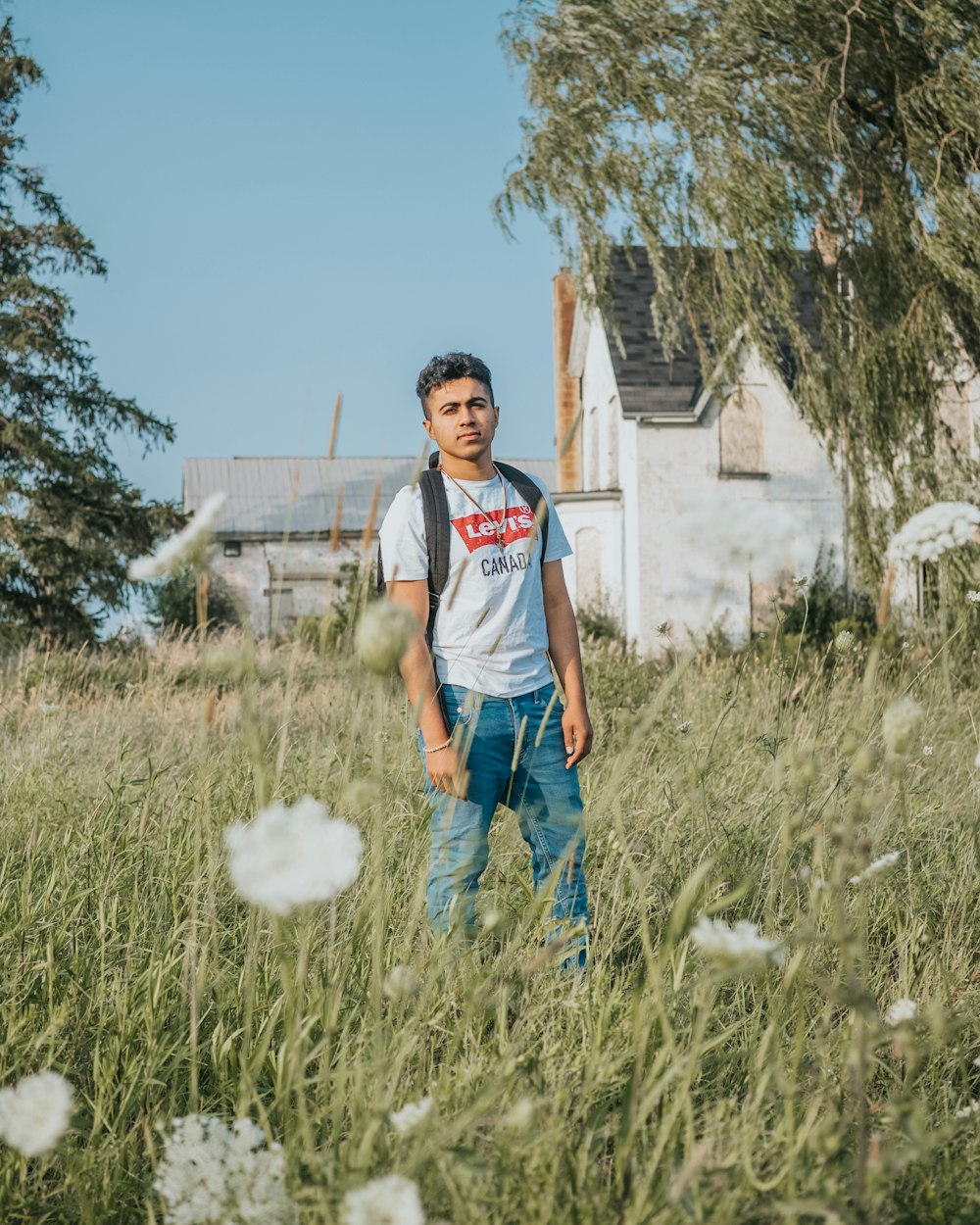 man standing on grass field near white building