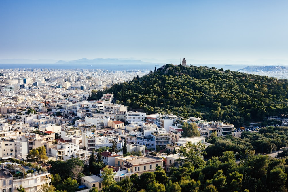 aerial view photography of city beside forest under white clouds during daytime