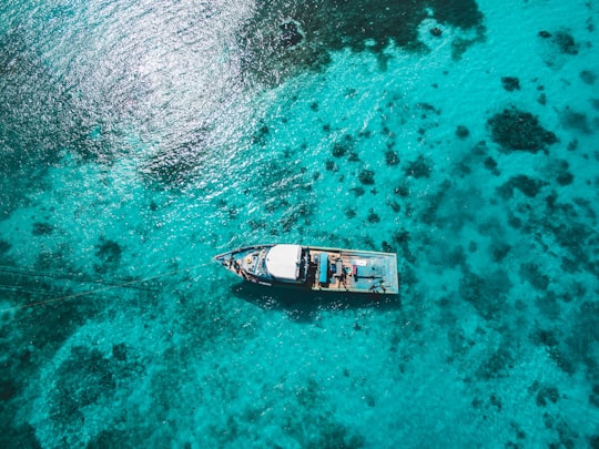 aerial photography on white and blue boat on sea in Maradhoo Maldives