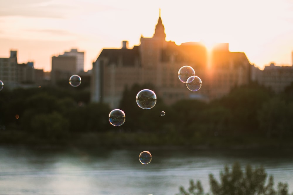 shallow focus photography of bubbles near body of water