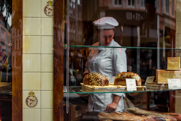 Baker in the window of her bakery