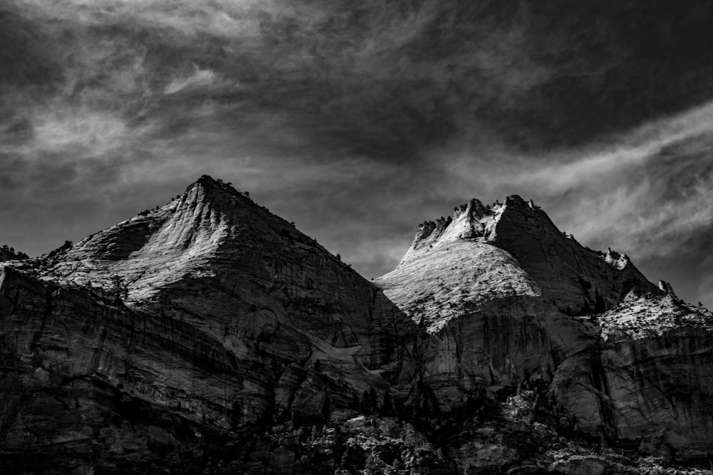 grayscale photography of mountains