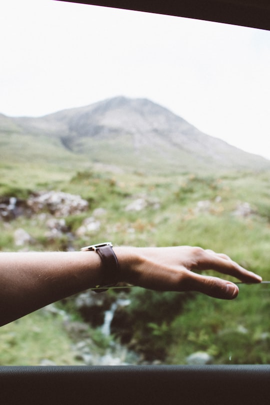 selective focus photography of left human hand background with forest in Scottish Highlands United Kingdom