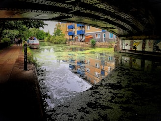 A peaceful canal scene under a metal bridge, with a path on the left where a group of people walks. A boat is docked nearby, and buildings with colorful balconies are reflected in the water. Algae are present on the canal surface, adding texture. The bridge's underside is decorated with graffiti art.