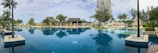 A luxurious, expansive swimming pool surrounded by lush greenery and palm trees, with a scenic sky above. The pool reflects the surrounding trees and a stylish building with a thatched roof, suggesting a resort setting.