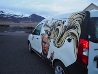 A van parked on a road features a large, detailed graffiti artwork on its side. This artwork includes a stylized portrait of a person with exaggerated, swirling yellow hair. In the background, there are snow-capped mountains and a partly cloudy sky, creating a dramatic natural setting.