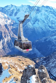 bird's eye view of ski lift over mountains during winter