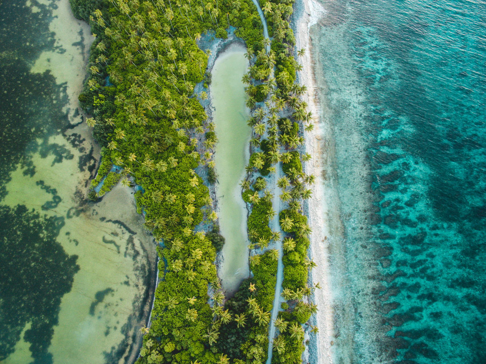 Aerial view of lagoon and ocean at Addu City, Maldives