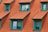A series of dormer windows with teal frames set into a roof covered with terracotta-colored tiles. The windows are symmetrically arranged, and the overall architecture suggests a traditional style. The sunlight casts soft shadows, adding depth to the textured roof tiles.