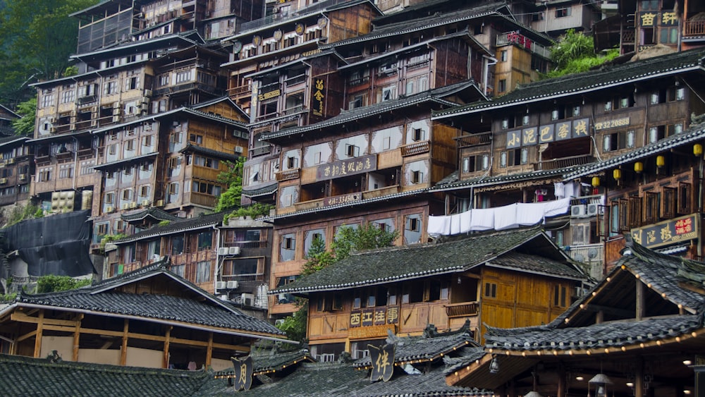 low angle of brown wooden houses