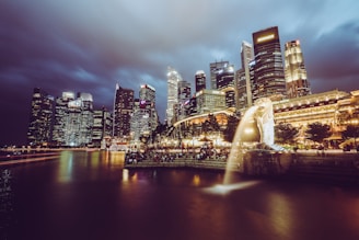 A cityscape at night featuring illuminated skyscrapers along a waterfront. The iconic Merlion statue is prominently displayed on the right, with water spouting from its mouth. Reflections of the city lights shimmer on the water, and there are groups of people gathered near the statue.