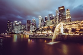 A cityscape at night featuring illuminated skyscrapers along a waterfront. The iconic Merlion statue is prominently displayed on the right, with water spouting from its mouth. Reflections of the city lights shimmer on the water, and there are groups of people gathered near the statue.