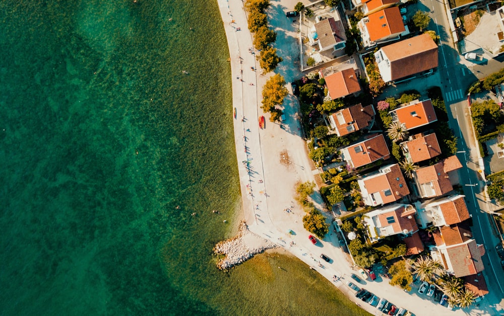 bird's eye view photography of buildings near body of water