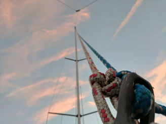 Close-up of ropes and sails softly blurred in the background of a sunlit boat.