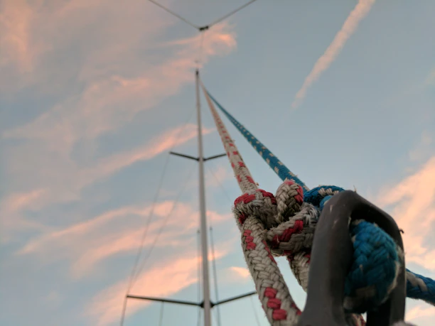 Close-up of hands tying knots on sailing ropes with the blue sea in the background.