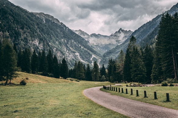 A winding path leads through a lush green valley surrounded by dense forests and towering mountains. The sky is overcast, adding a dramatic feel to the landscape. The distant peaks are partially obscured by clouds, creating a sense of mystery and grandeur.