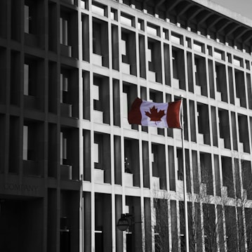 A Canadian flag flutters on a pole in front of a modern, geometric office building with rectangular windows. The monochrome backdrop highlights the vivid red and white colors of the flag. Leafless trees flank the foreground, adding starkness to the scene.