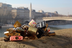 A collection of padlocks clustered together on a stone surface with a picturesque cityscape in the background. The scene includes an iconic bridge and historic buildings along a river, with clear skies creating a peaceful atmosphere.