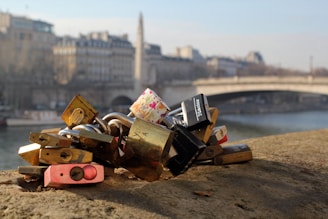 A collection of padlocks clustered together on a stone surface with a picturesque cityscape in the background. The scene includes an iconic bridge and historic buildings along a river, with clear skies creating a peaceful atmosphere.