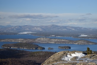 A panoramic view from a mountaintop overlooking a patchwork of forests and lakes.