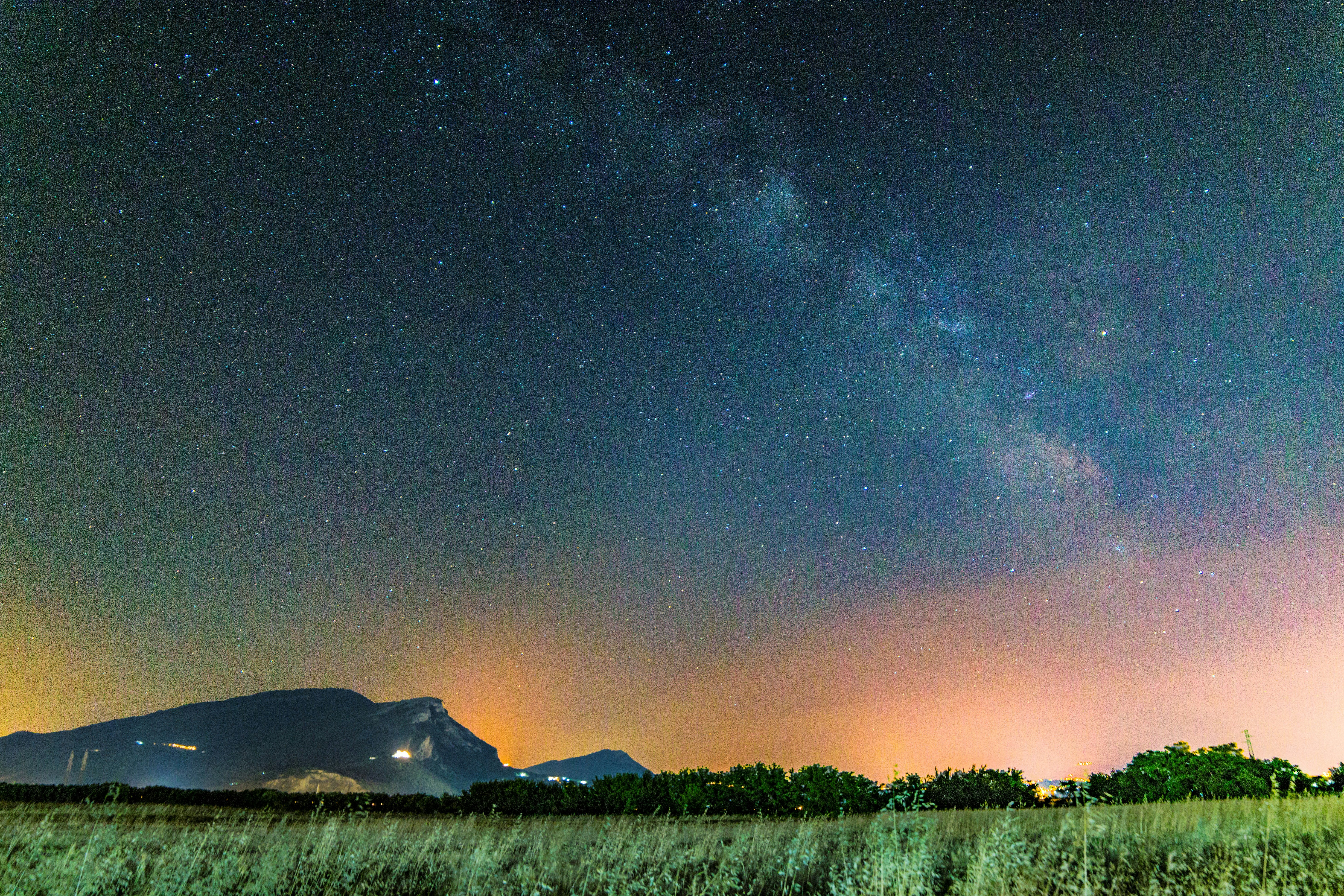 grass field under starry sky, My country’s characteristic landscape, Mount Calpazio and Madonna Garnet.